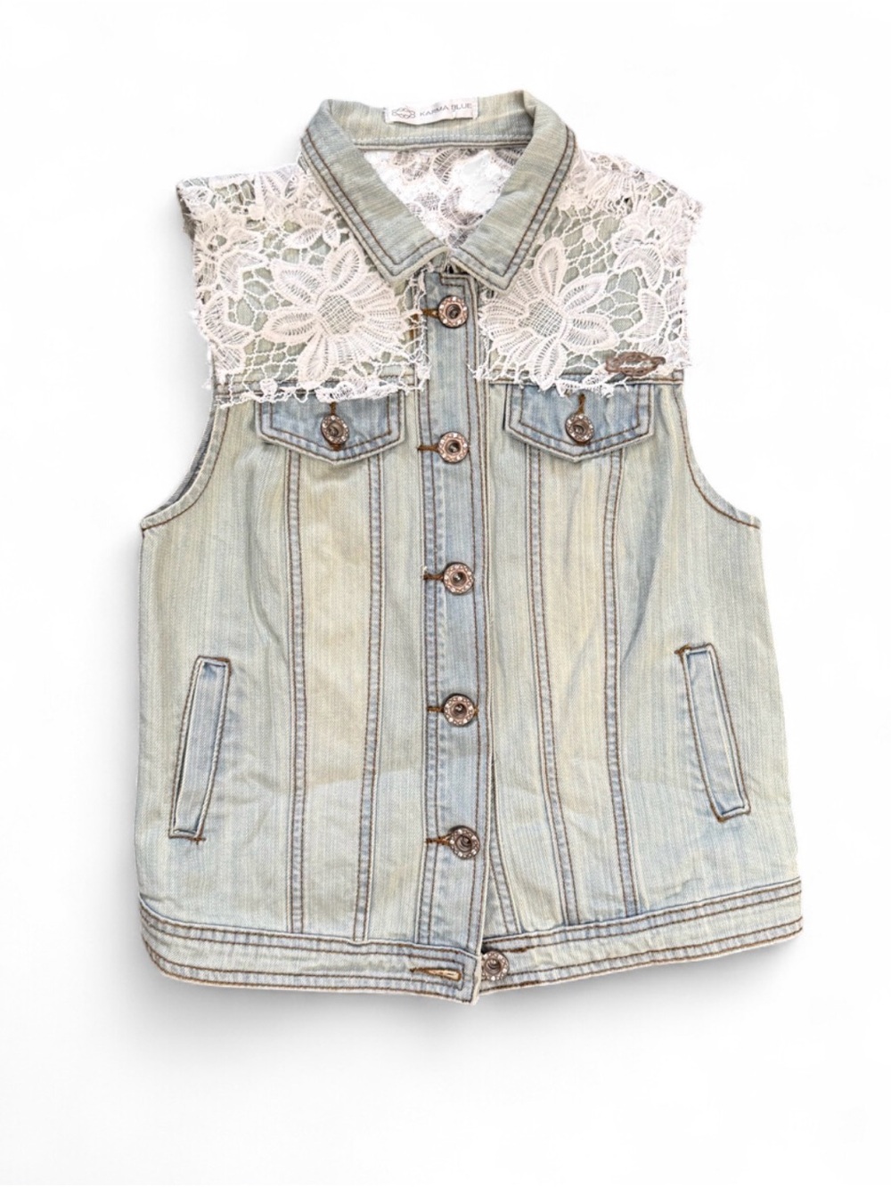 Karma Blue Jean Vest With Floral Lace Embroidery | Western Boho Chic